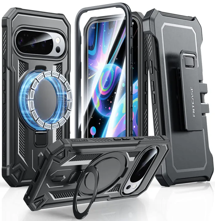 FNTCASE for Google Pixel 10/ 10 Pro/ 9/ 9 Pro Case with Ring Holder Magnetic Kickstand Military Grade Shockproof Protective Rugged Cell Phone Cover with Belt Clip Holster Rugged Look Vivid Surface Detail