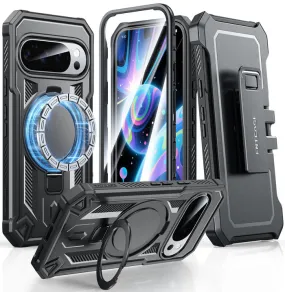 FNTCASE for Google Pixel 10/ 10 Pro/ 9/ 9 Pro Case with Ring Holder Magnetic Kickstand Military Grade Shockproof Protective Rugged Cell Phone Cover with Belt Clip Holster Rugged Look Vivid Surface Detail