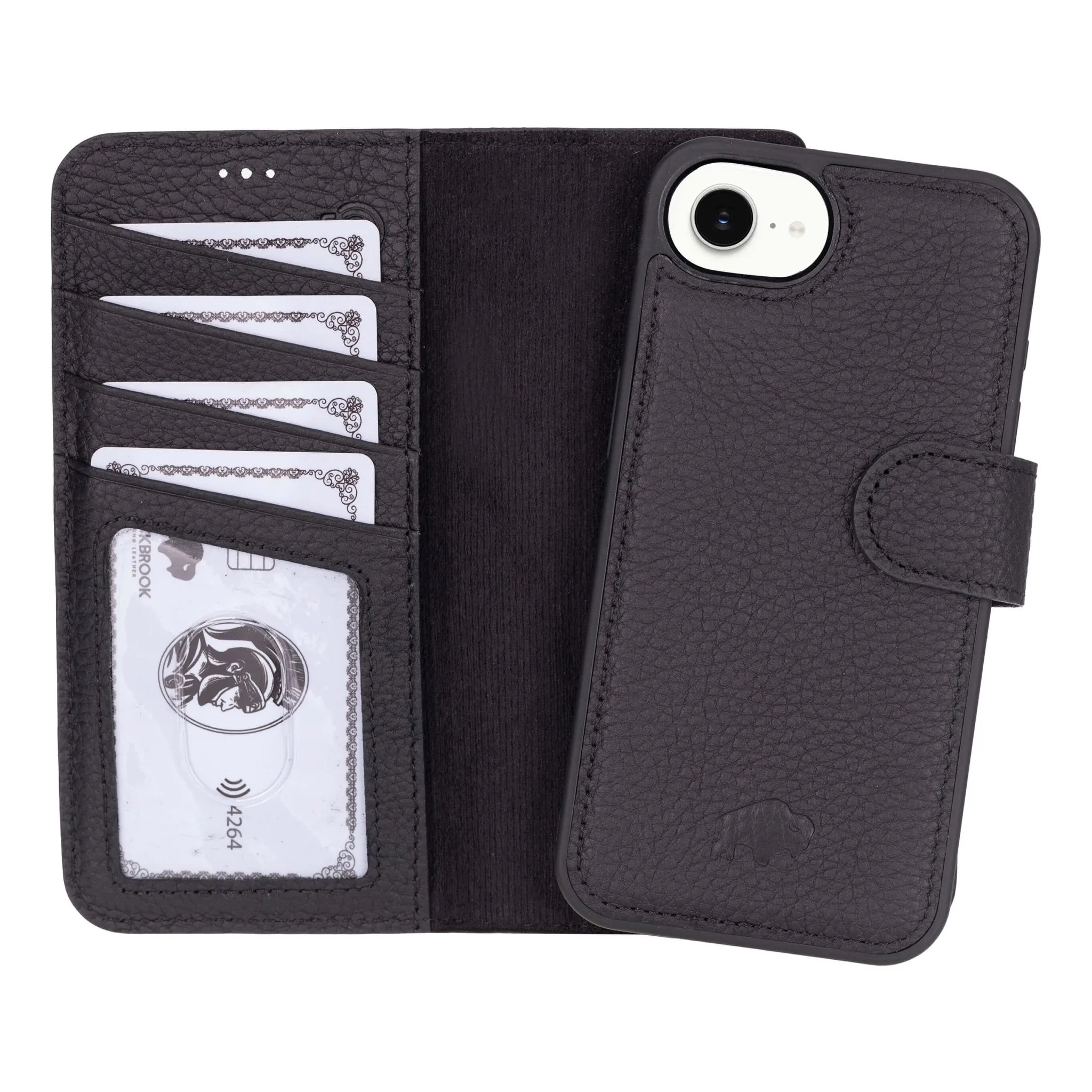 Simple Finish Modern Grip Texture Carter Detachable Leather Wallet Case ?C iPhone 16e, Pebble Black