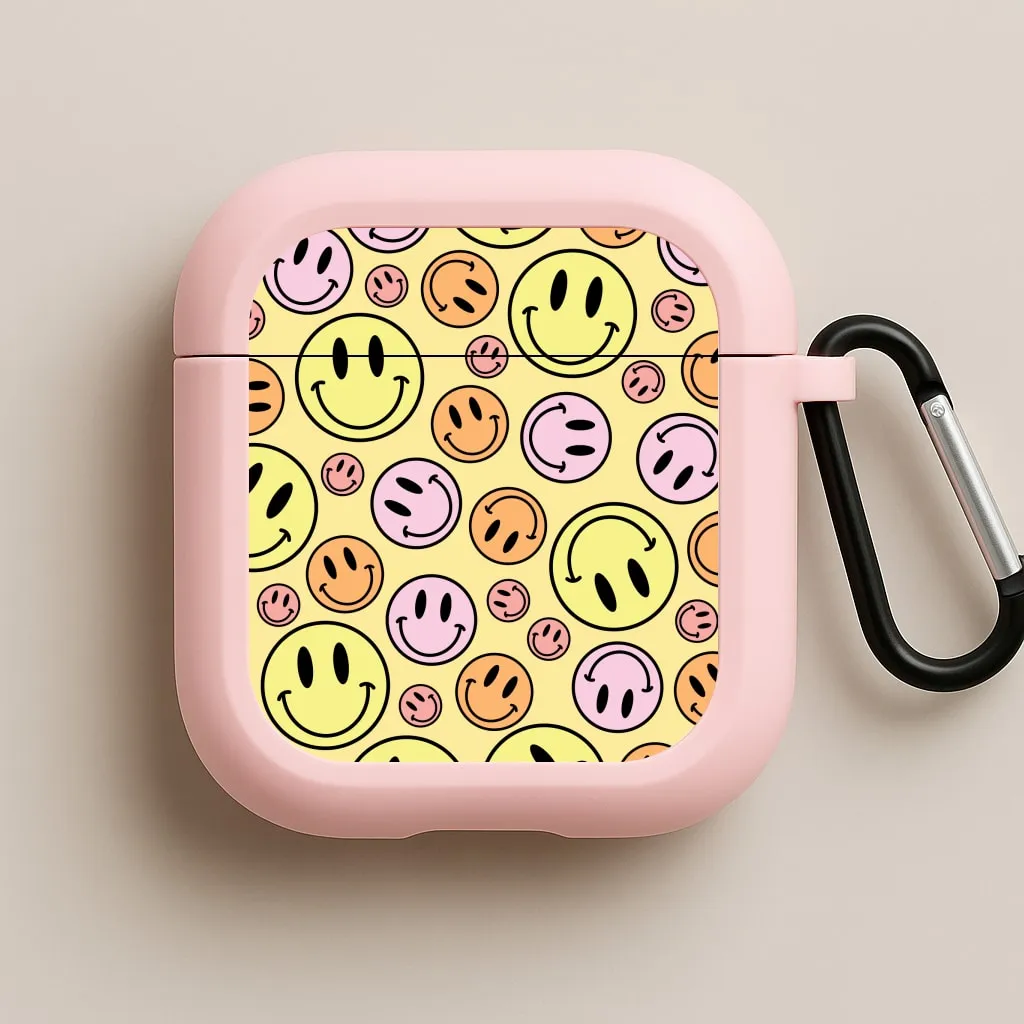Retro Smileys Pattern AirPods Case Universal Rubber Organizer Modern Portable Holder