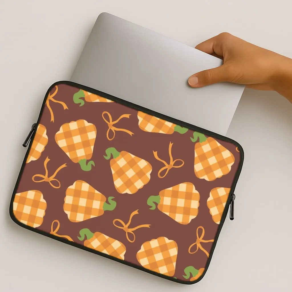 Marble Texture Matte Pattern Layer Tartan Pumpkins And Bows Pattern Laptop Sleeve