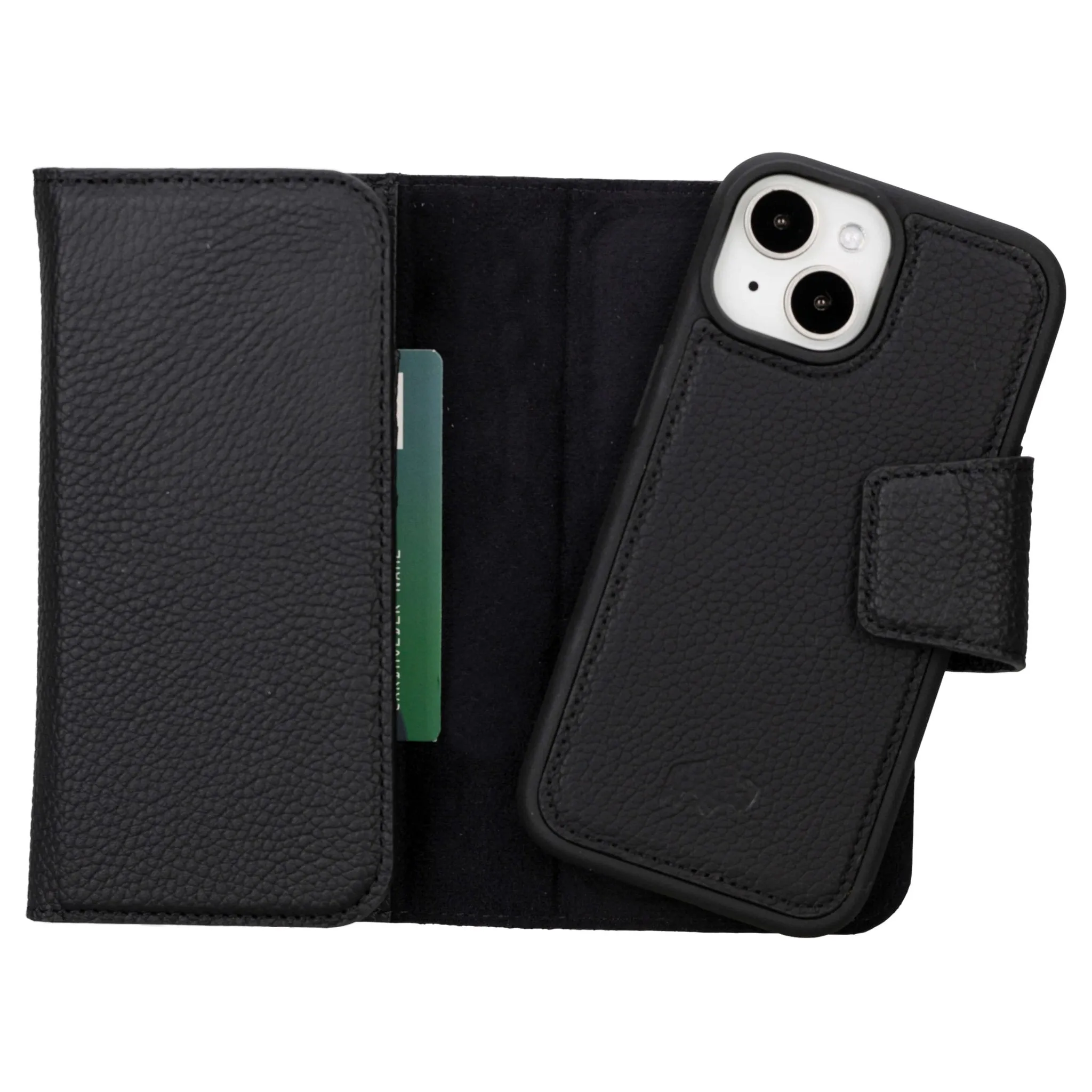 Tudor Tri-Fold Leather Wallet Case ?C iPhone 15 Pro, Pebble Black Slim Profile