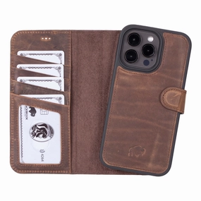 Carter Detachable Leather Wallet Case ?C iPhone 15 Pro Max, Distressed Coffee Trendy Design