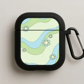 Waves And Flowers Green Retro Pattern AirPods Case Minimal Modern Organizer