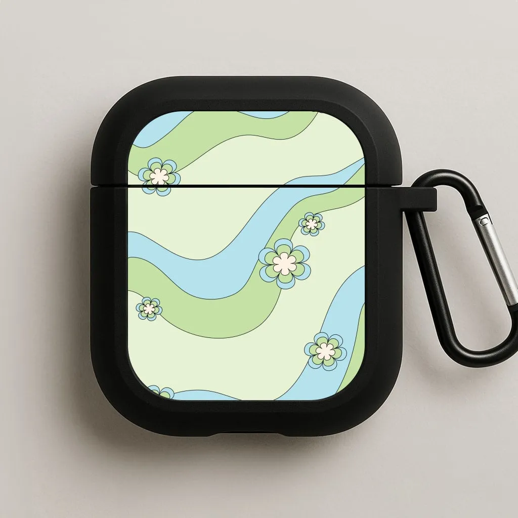 Portable Protective Holder anti scratch travel airpods case Waves And Flowers Green Retro Pattern AirPods Case
