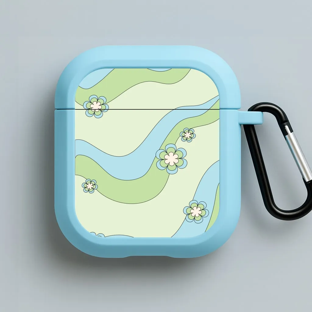 Waves And Flowers Green Retro Pattern AirPods Case fashion soft handmade leather case Trendy Color Design