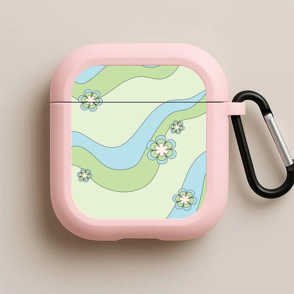 Waves And Flowers Green Retro Pattern AirPods Case Minimal Smooth Bag