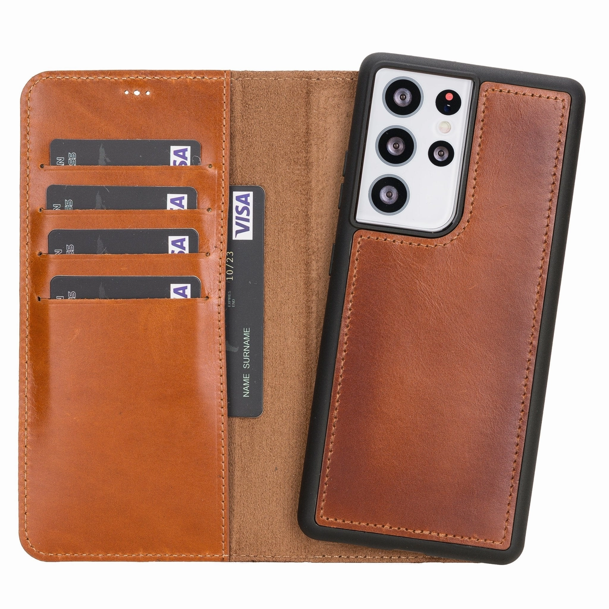 Carter Detachable Leather Wallet Case Galaxy S21 Ultra, Rustic Tan Protective Corners