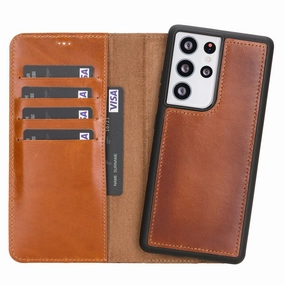 Carter Detachable Leather Wallet Case Galaxy S21 Ultra, Rustic Tan Protective Corners