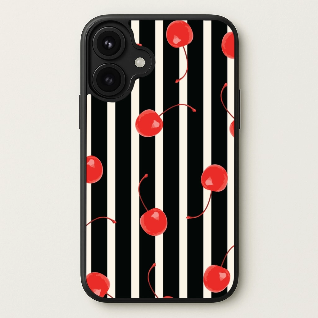 Smooth Look Texture Black And White Stripes With Cherries Phone Case