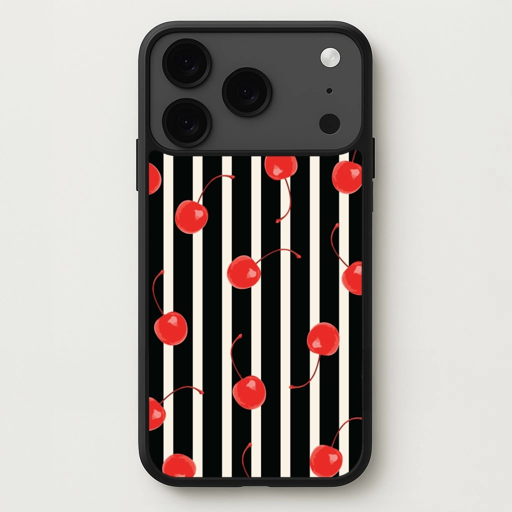 Matte Coating Black And White Stripes With Cherries Phone Case