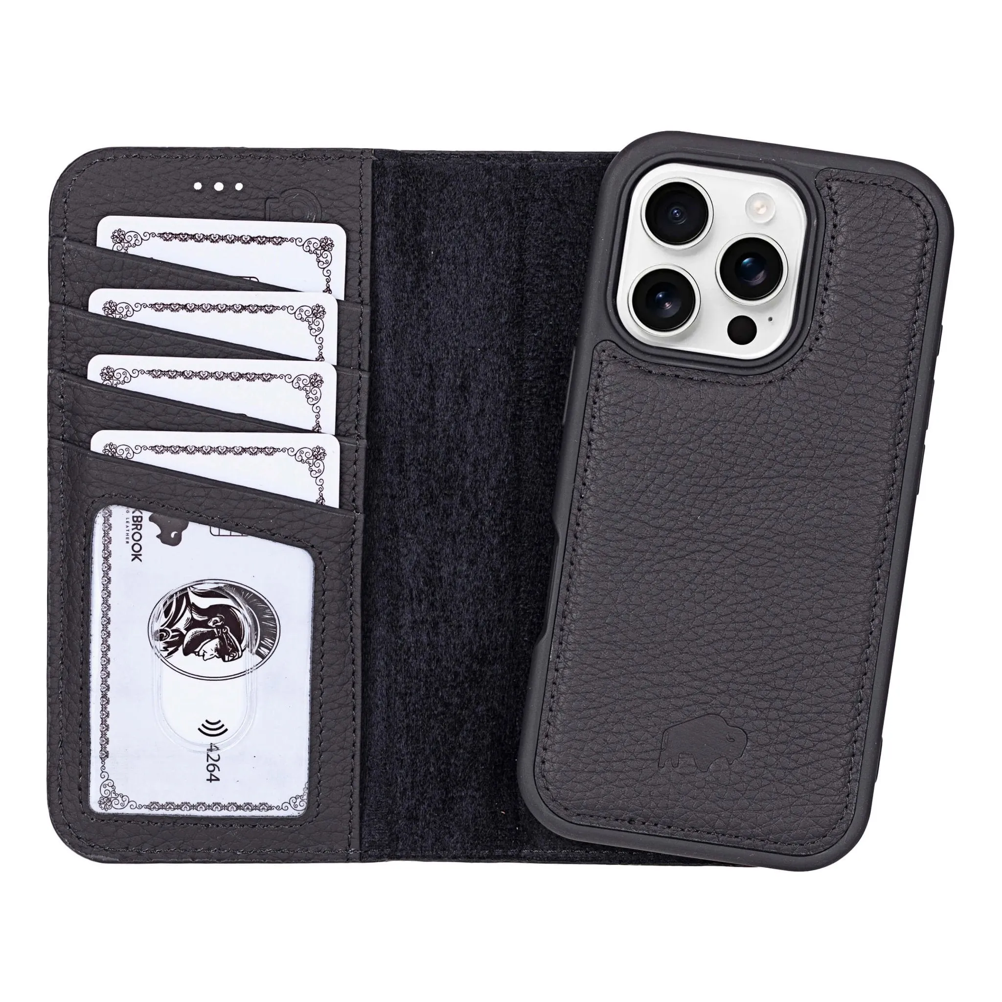 Carter Detachable Leather Wallet Case ?C iPhone 16 Pro, Pebble Black Simple Look