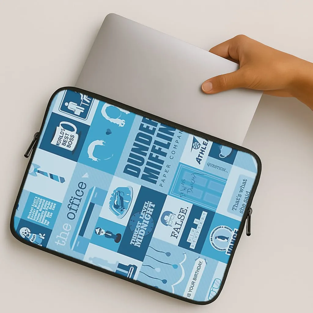 Office Blue Patchwork Laptop Sleeve Patterned Design Refined Edge