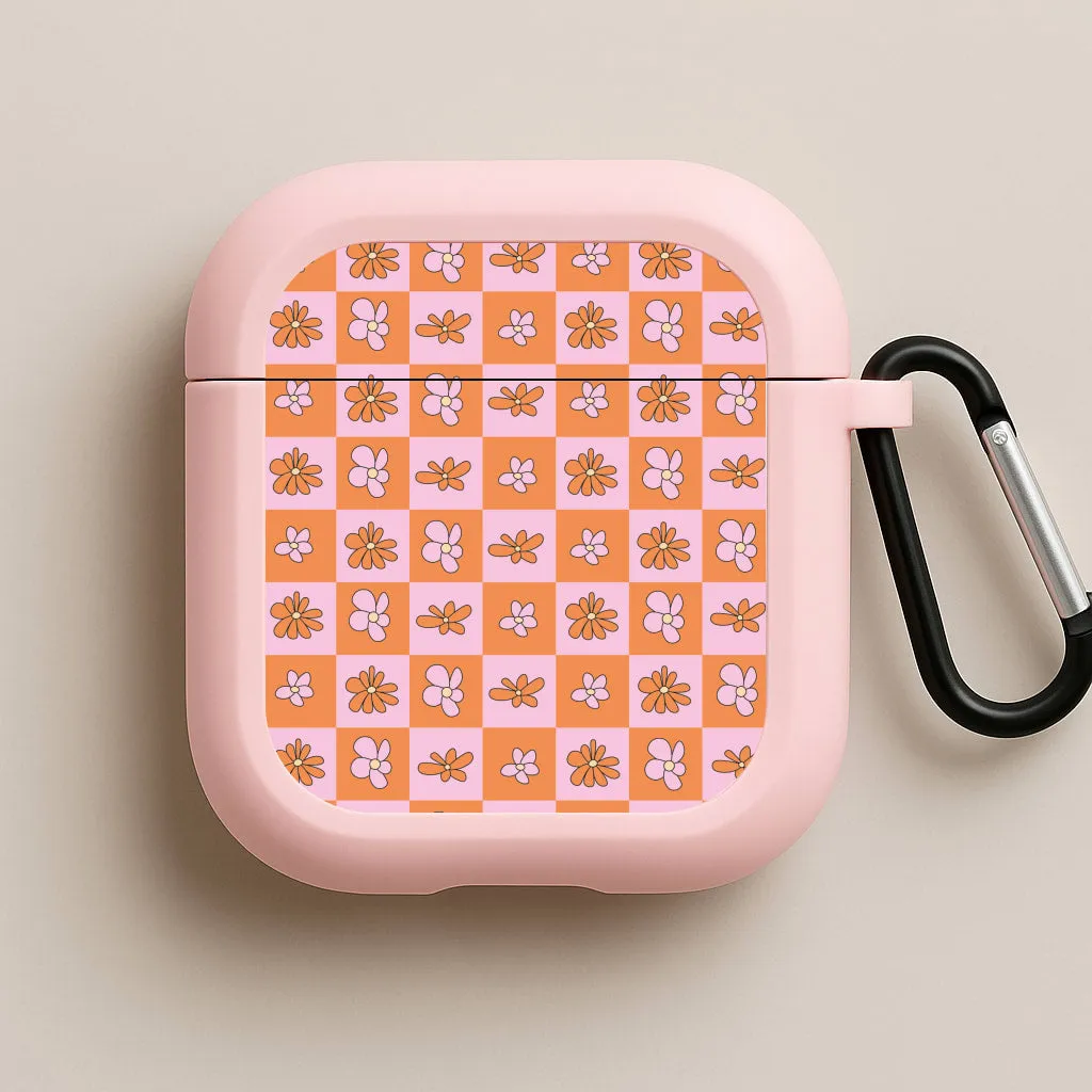 Orange And Pink Checked - Floral Patterns AirPods Case minimal airpods shell Water Resistant Protector