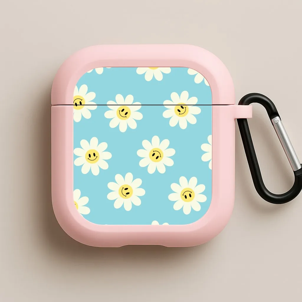 Pastel Blue Smiley Daisies Pattern AirPods Case flexible silicone airpods shell fashion ergonomic neon handmade silicone airpods case