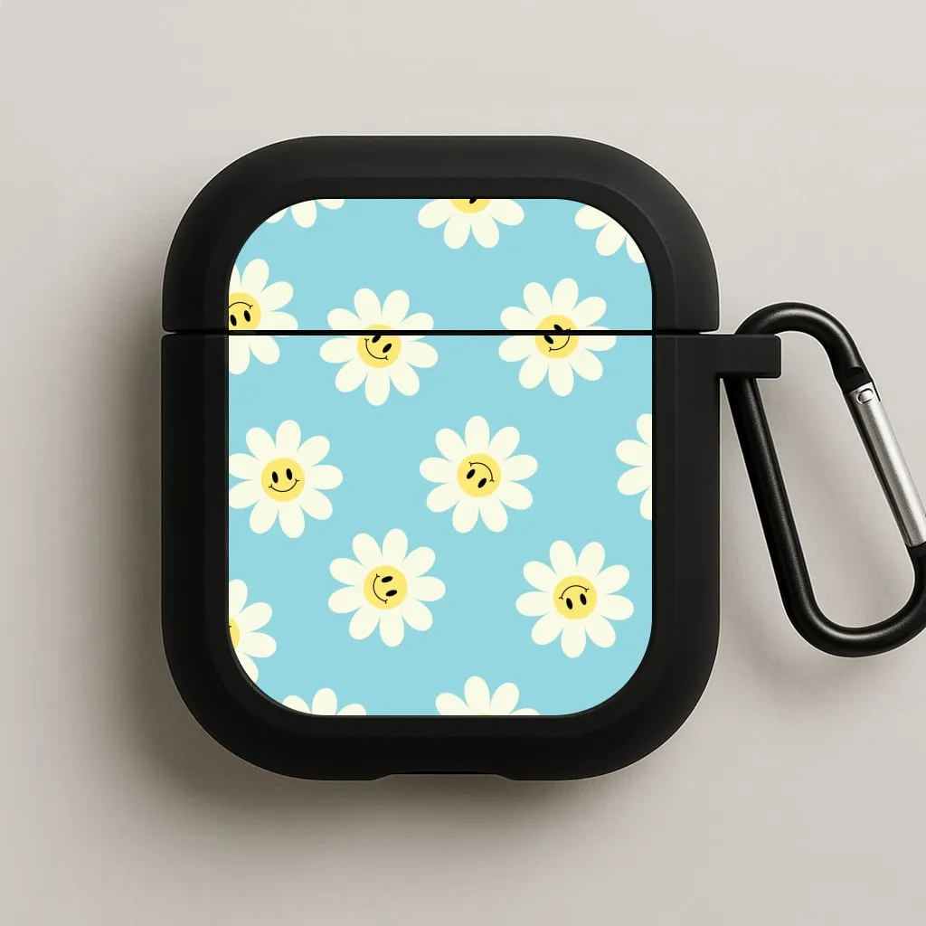 Compact Accessory Bag Pastel Blue Smiley Daisies Pattern AirPods Case