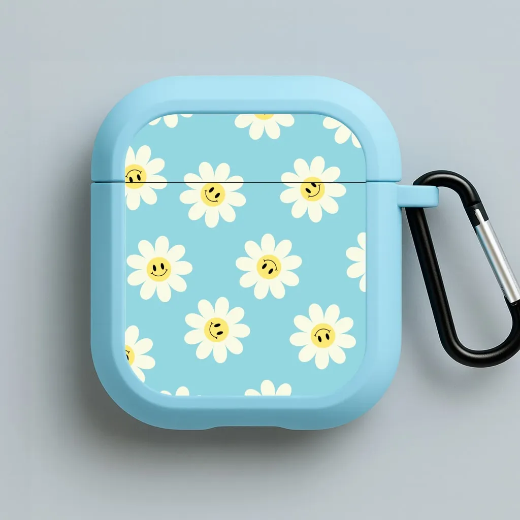 Soft Travel Holder Soft Smooth Pouch Pastel Blue Smiley Daisies Pattern AirPods Case