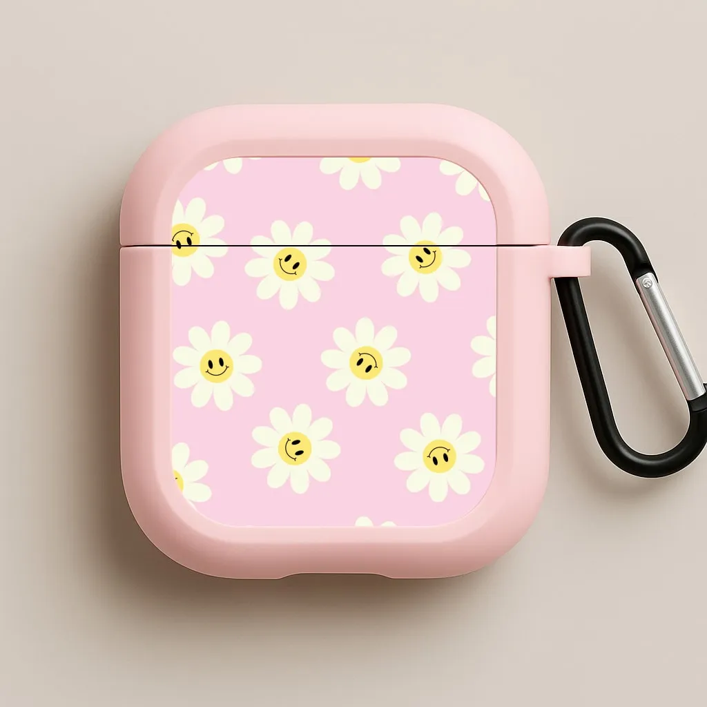 Smooth Silicone Texture everyday modern style Pastel Pink Smiley Daisies Pattern AirPods Case
