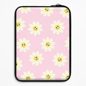 Gloss Finish Premium Texture Layer Pastel Pink Smiley Daisies Pattern Laptop Sleeve