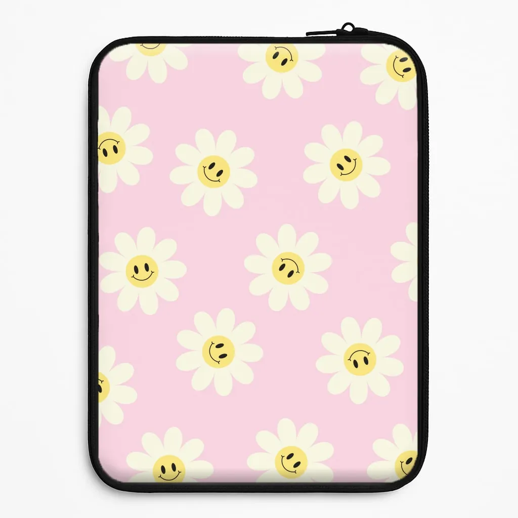 Gloss Finish Premium Texture Layer Pastel Pink Smiley Daisies Pattern Laptop Sleeve