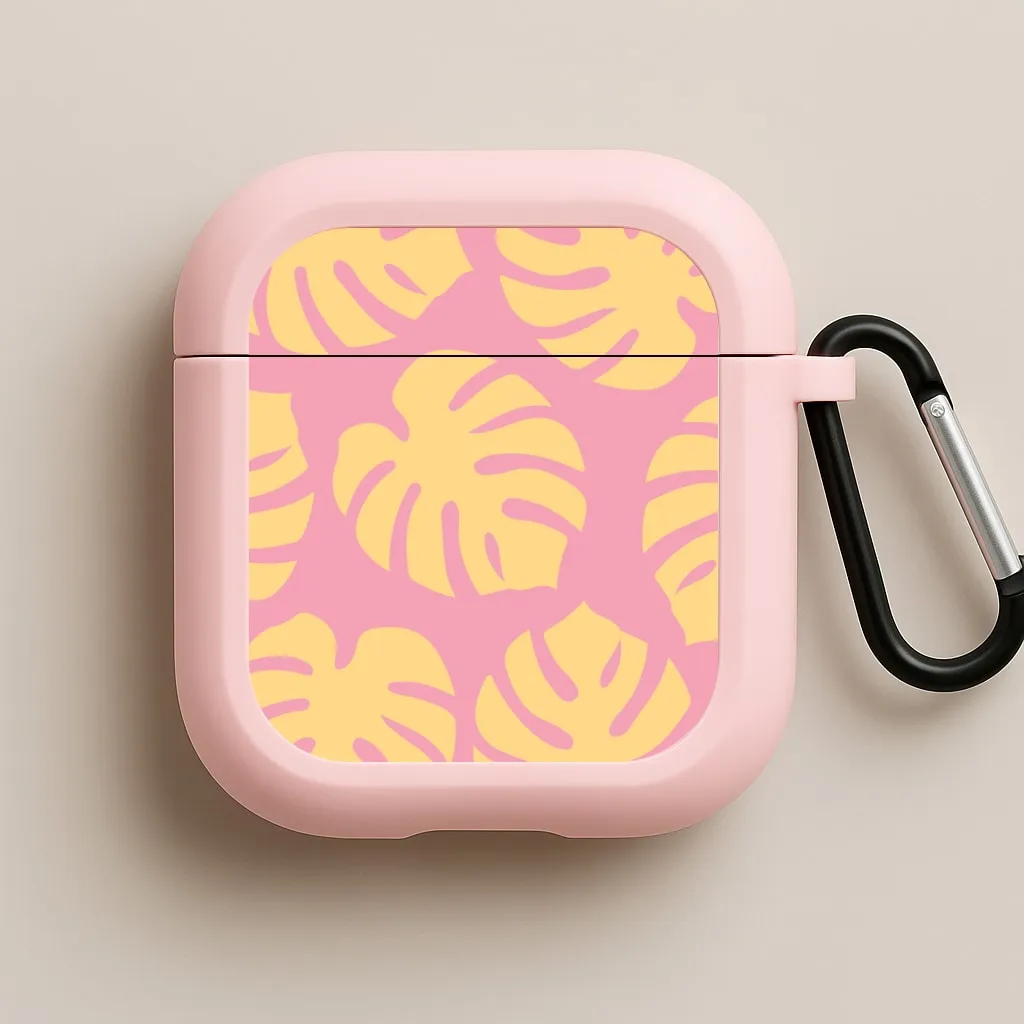Lightweight Carry Strap portable airpods case Pink And Yellow Summer Leaves Pattern AirPods Case