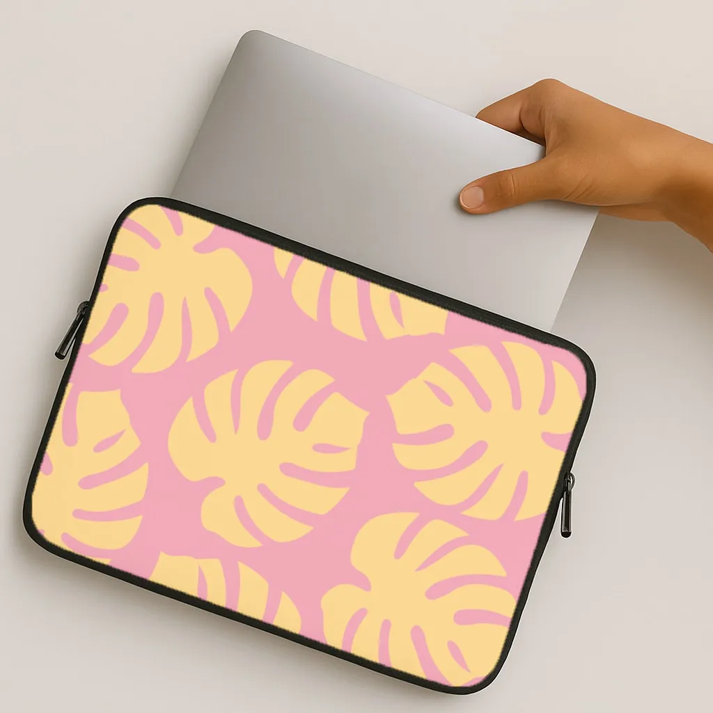 Lightweight Feel Vivid Coloration Pink And Yellow Summer Leaves Pattern Laptop Sleeve