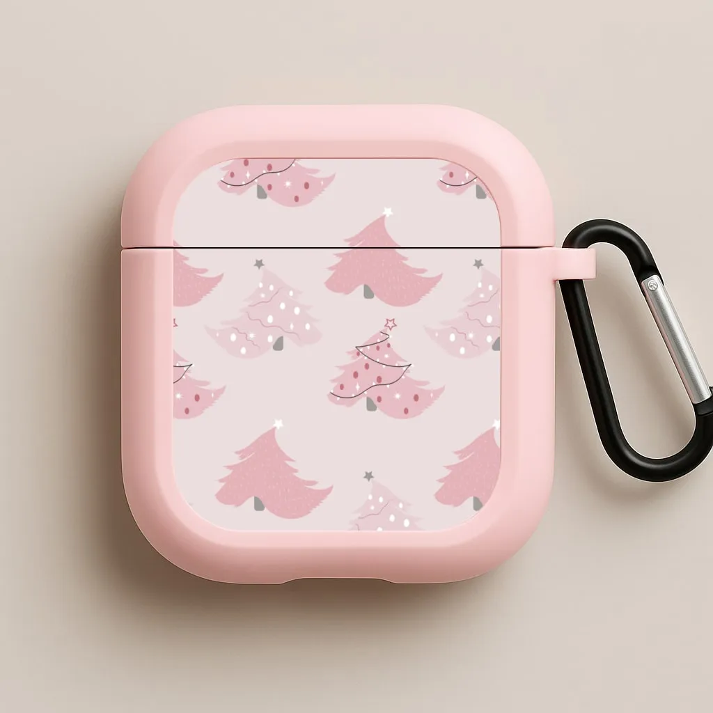 airpods case for travelers Durable Protective Organizer Pink Christmas Tree Pattern AirPods Case
