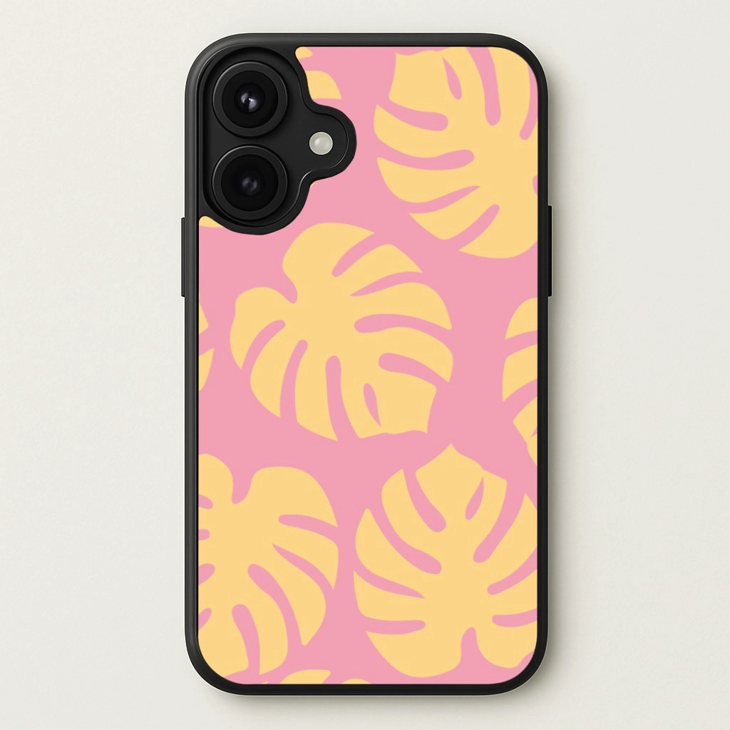 Pink And Yellow Summer Leaves Pattern Phone Case Handcrafted Design Textured Finish