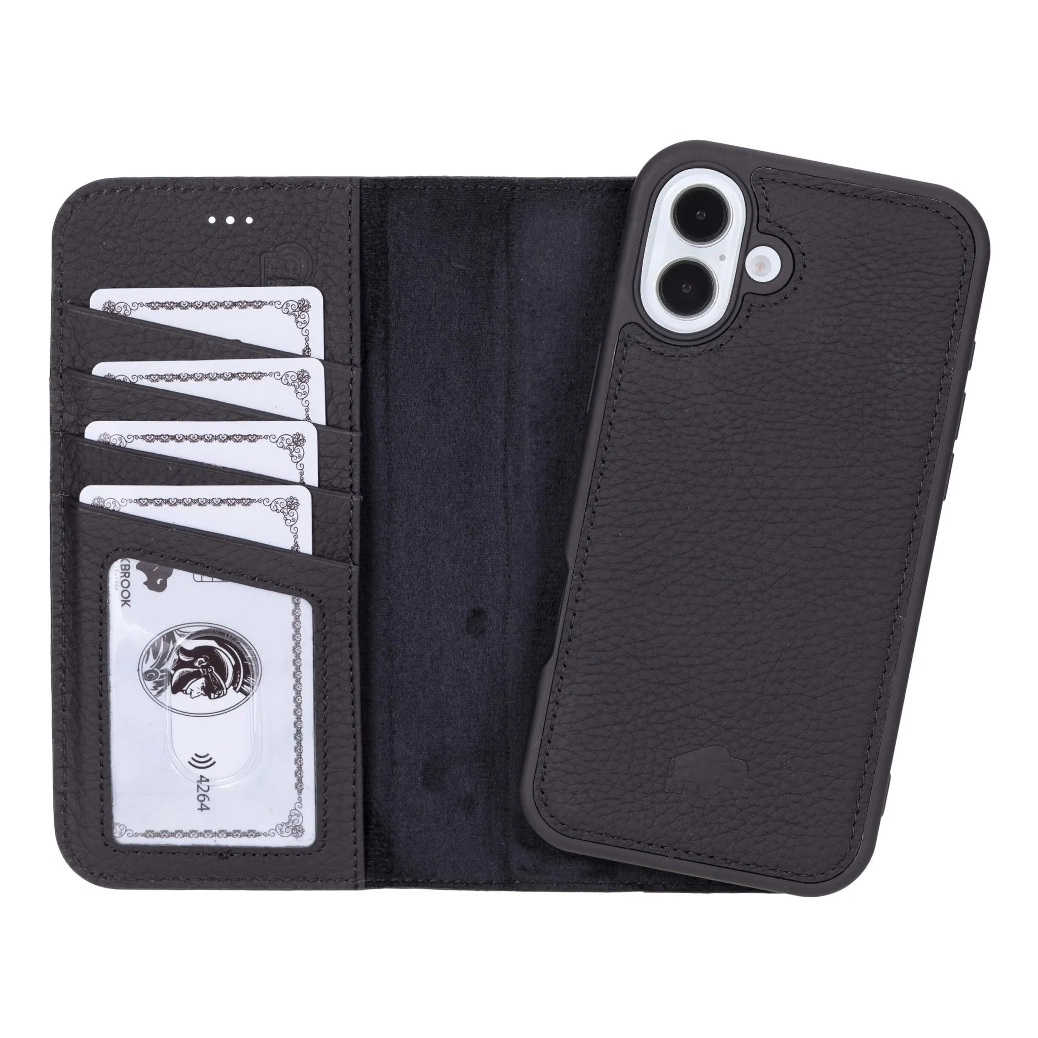 Carter Detachable Leather Wallet Case ?C iPhone 16 Plus, Pebble Black Minimal Surface Layer Matte Edge