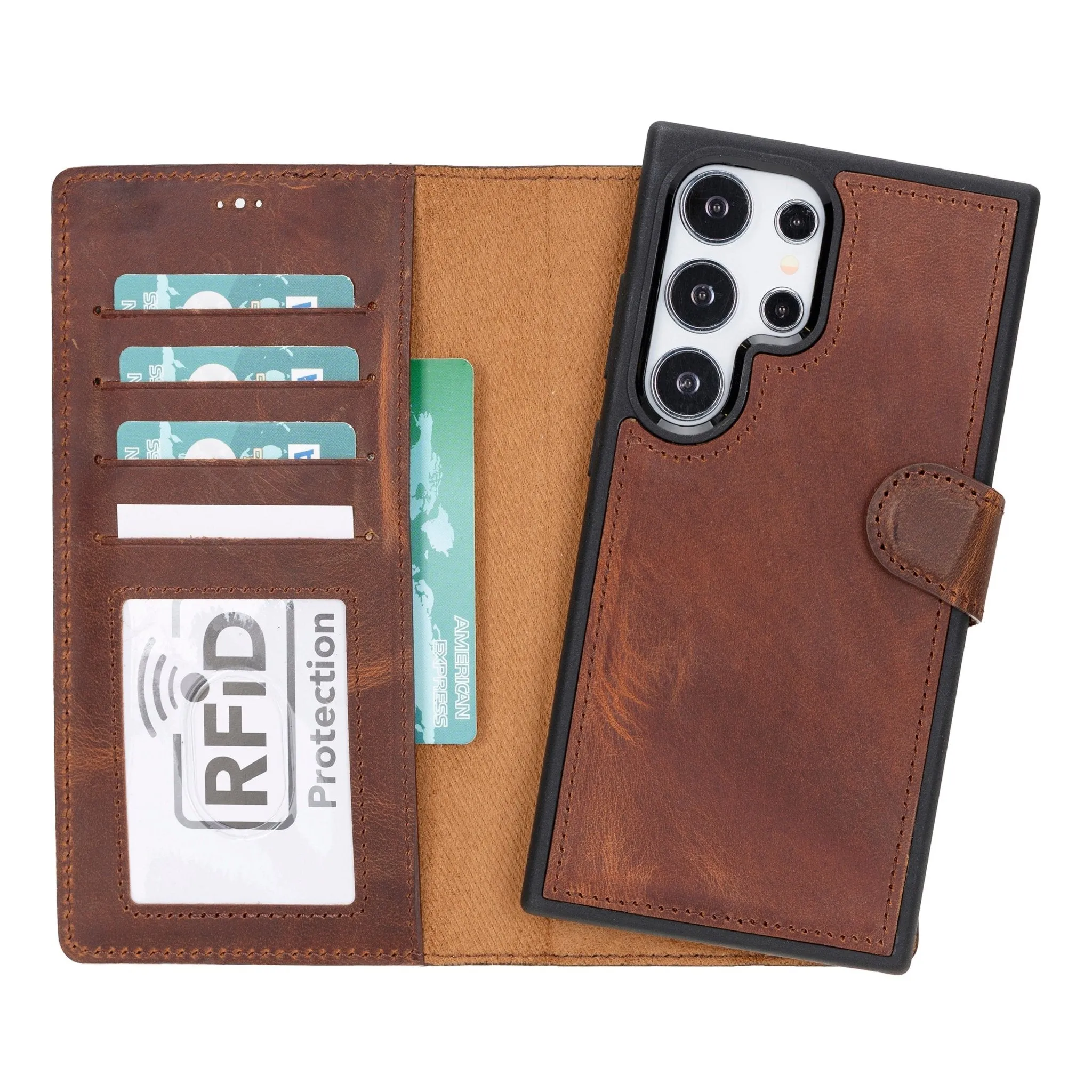 Smart Accessory Carter Detachable Leather Wallet Case Galaxy S24 Ultra, Saddle Brown