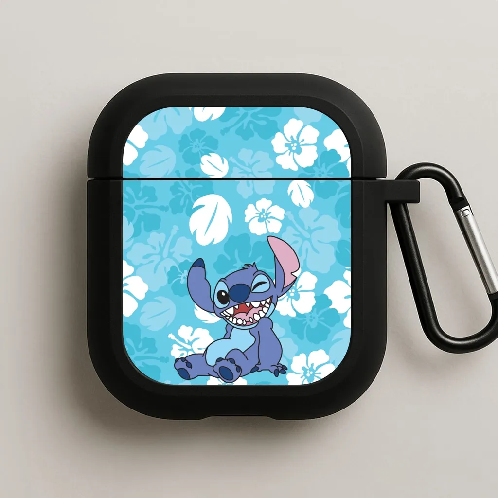 soft texture grip case Cute Blue Alien Floral Pattern AirPods Case