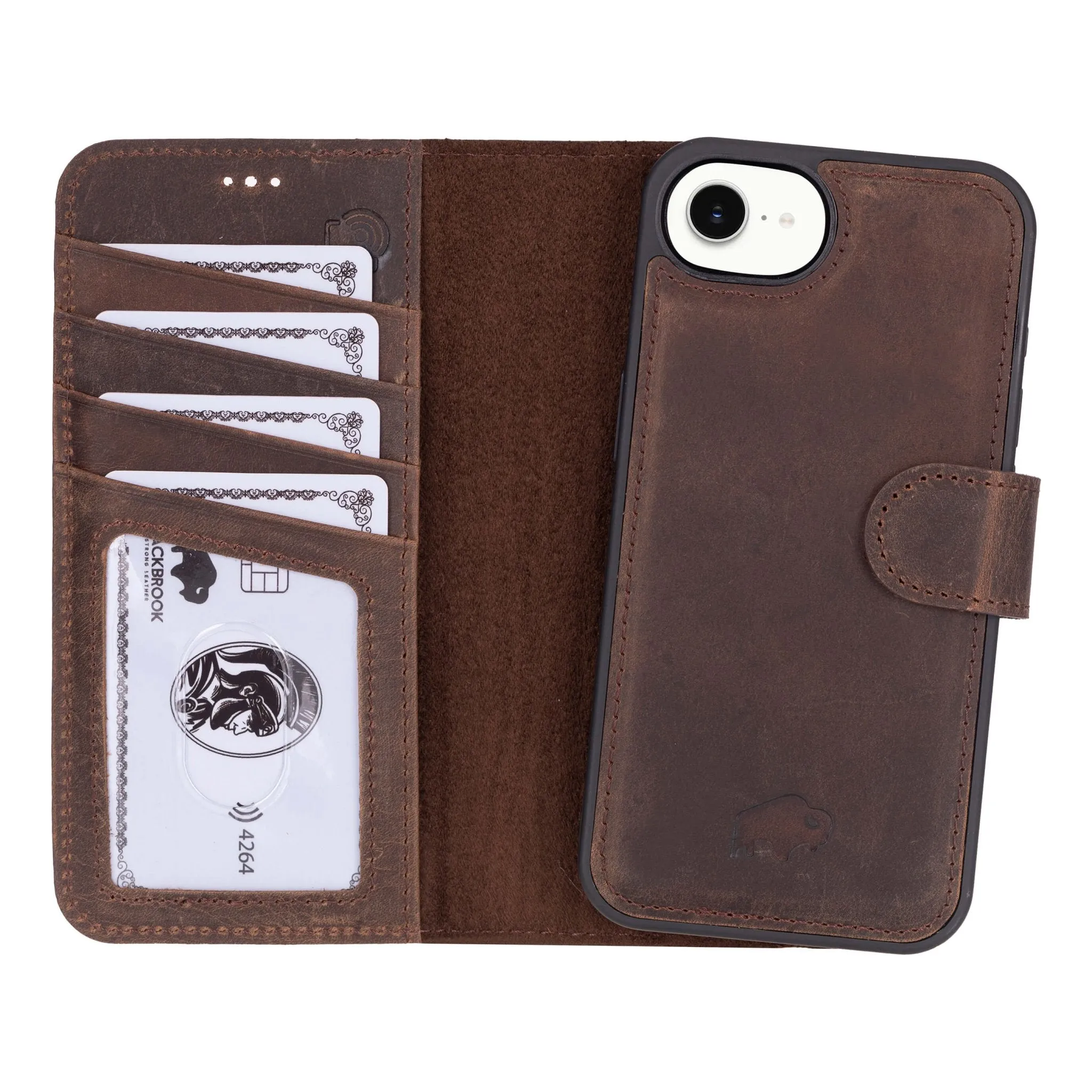 Carter Detachable Leather Wallet Case ?C iPhone 16e, Distressed Coffee Rugged Surface