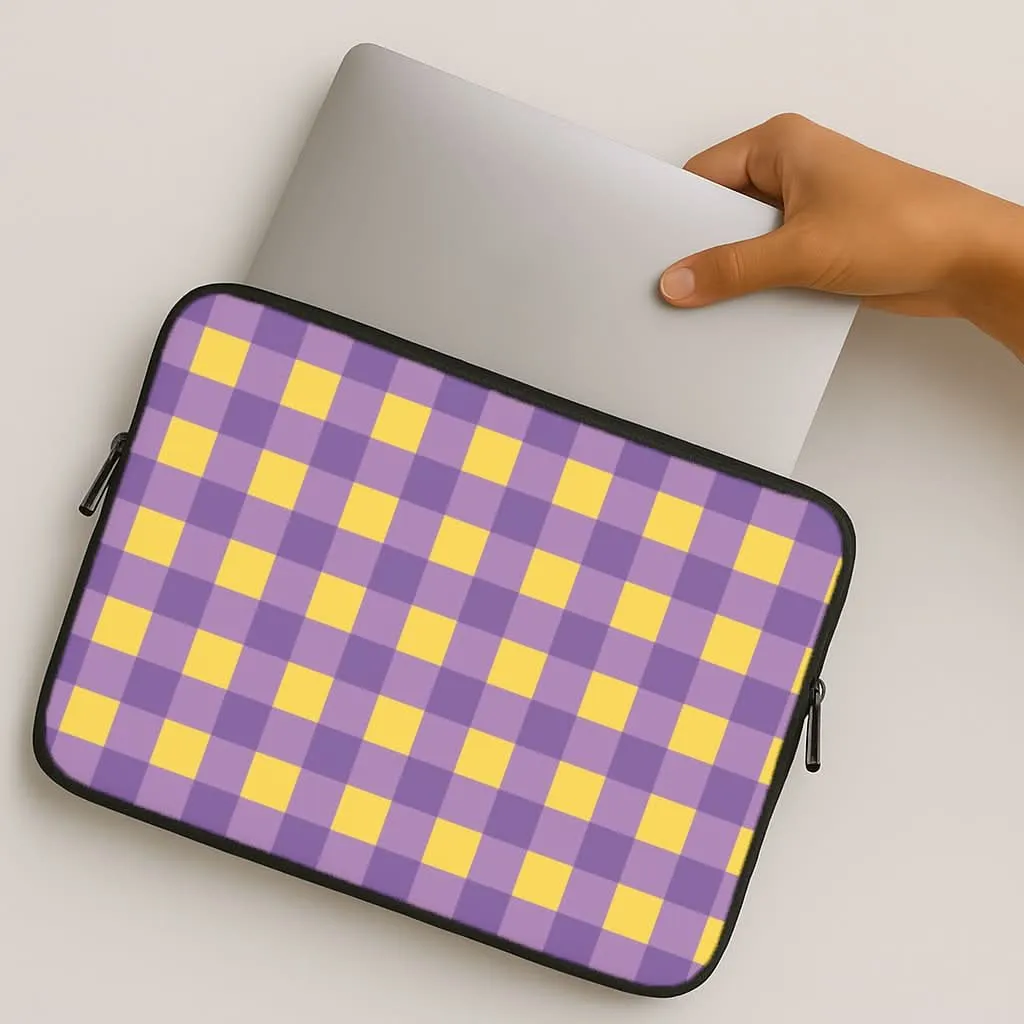 Purple And Yellow Checkered Pattern Laptop Sleeve Soft Finish Texture Everyday Accessory