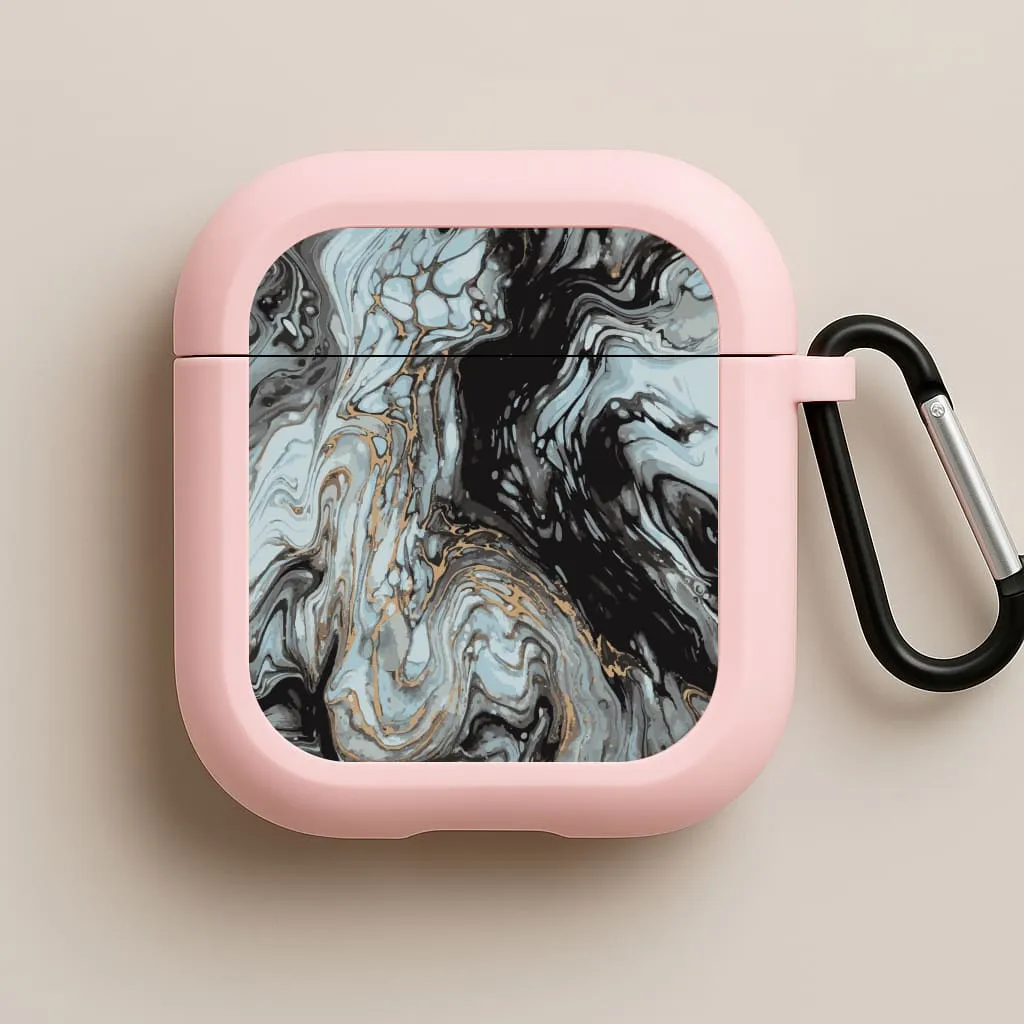 Durable Gadget Organizer Black And Gold Cloudy Marble AirPods Case