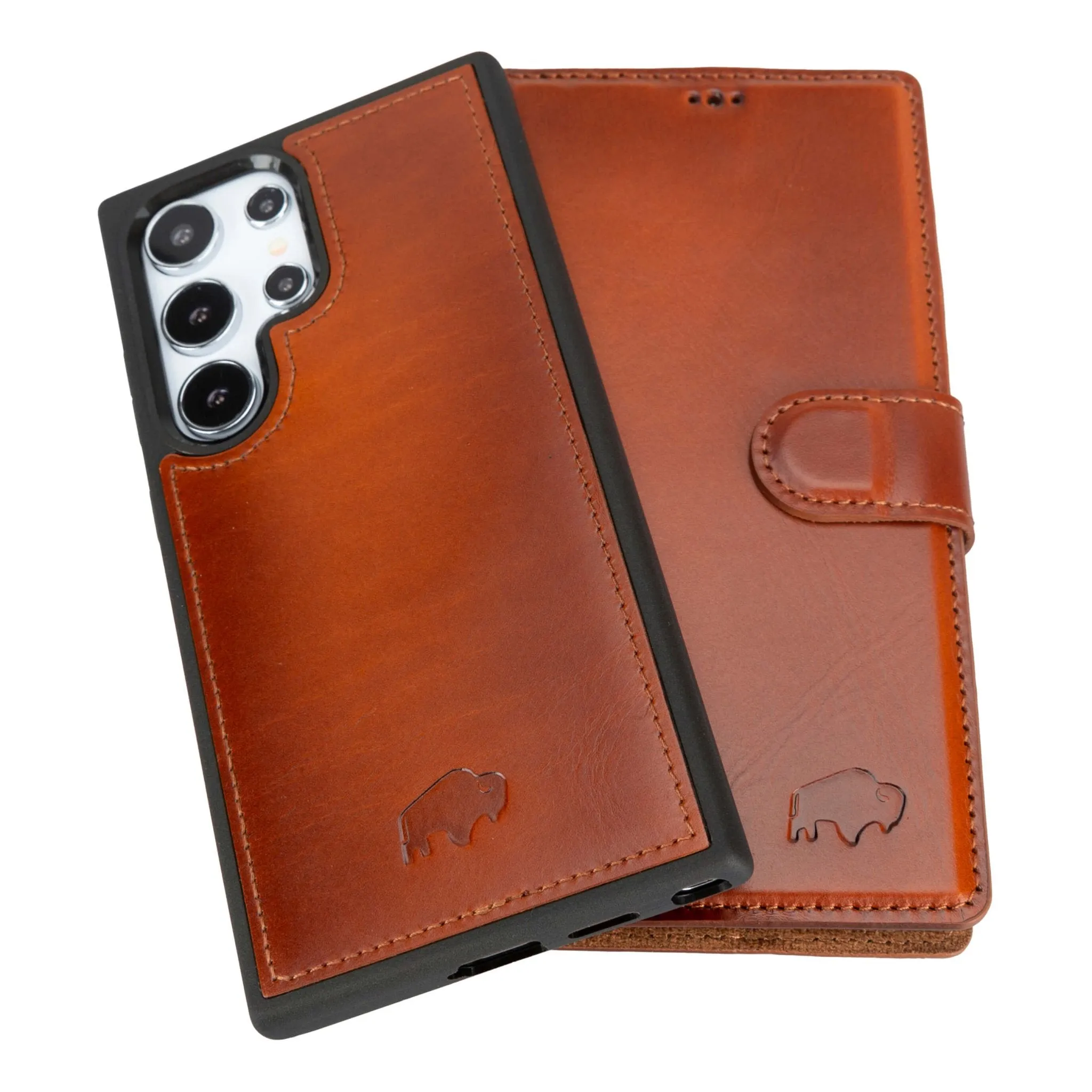 Carter Detachable Leather Wallet Case Galaxy S25 Ultra, Burnished Tan Protective Detailing