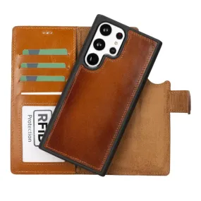 Carter Detachable Leather Wallet Case Galaxy S23 Ultra, Rustic Tan Durable Finish Layer Travel Ready