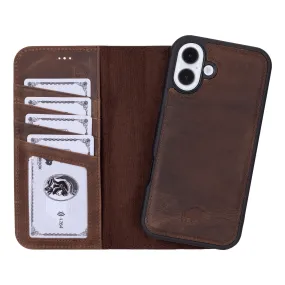 Minimal Look Durable Surface Design Carter Detachable Leather Wallet Case ?C iPhone 16 Plus, Distressed Coffee