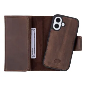 Tudor Tri-Fold Leather Wallet Case ?C iPhone 16, Distressed Coffee Luxury Appeal Rugged Texture