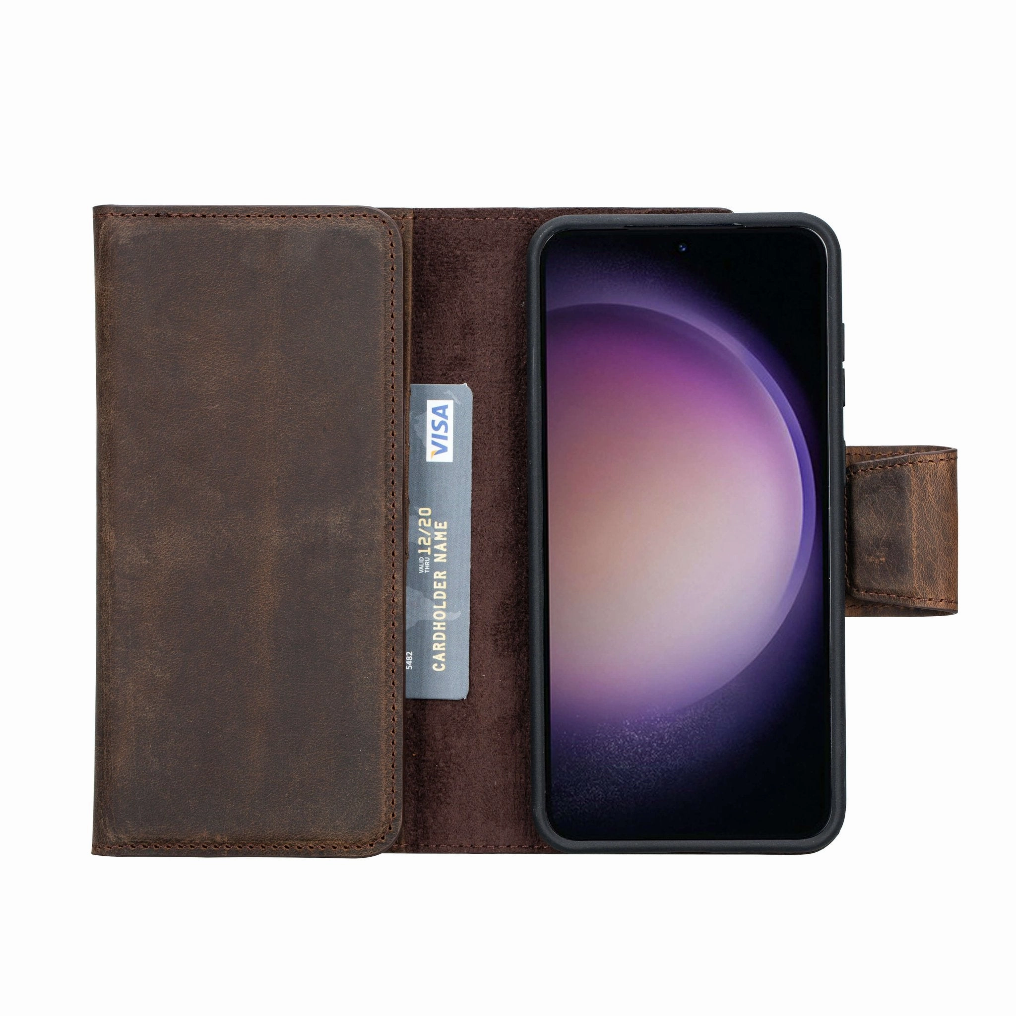 Pocket Size Grip Assist Tudor Tri-Fold Leather Wallet Case- Galaxy S23 Plus, Distressed Coffee