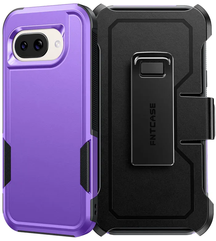 Hybrid Grip Anti glare FNTCASE for Google Pixel 9A Case: Dual Layer Military Grade Drop Protection Phone Cover with Belt-Clip Holster | Rugged Durable Heavy Duty Shockproof Protective Bumper Tough