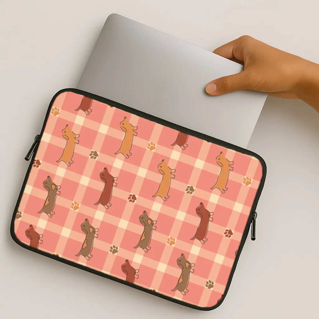 Premium Surface Tartan Dachshunds And Paws Pattern Laptop Sleeve