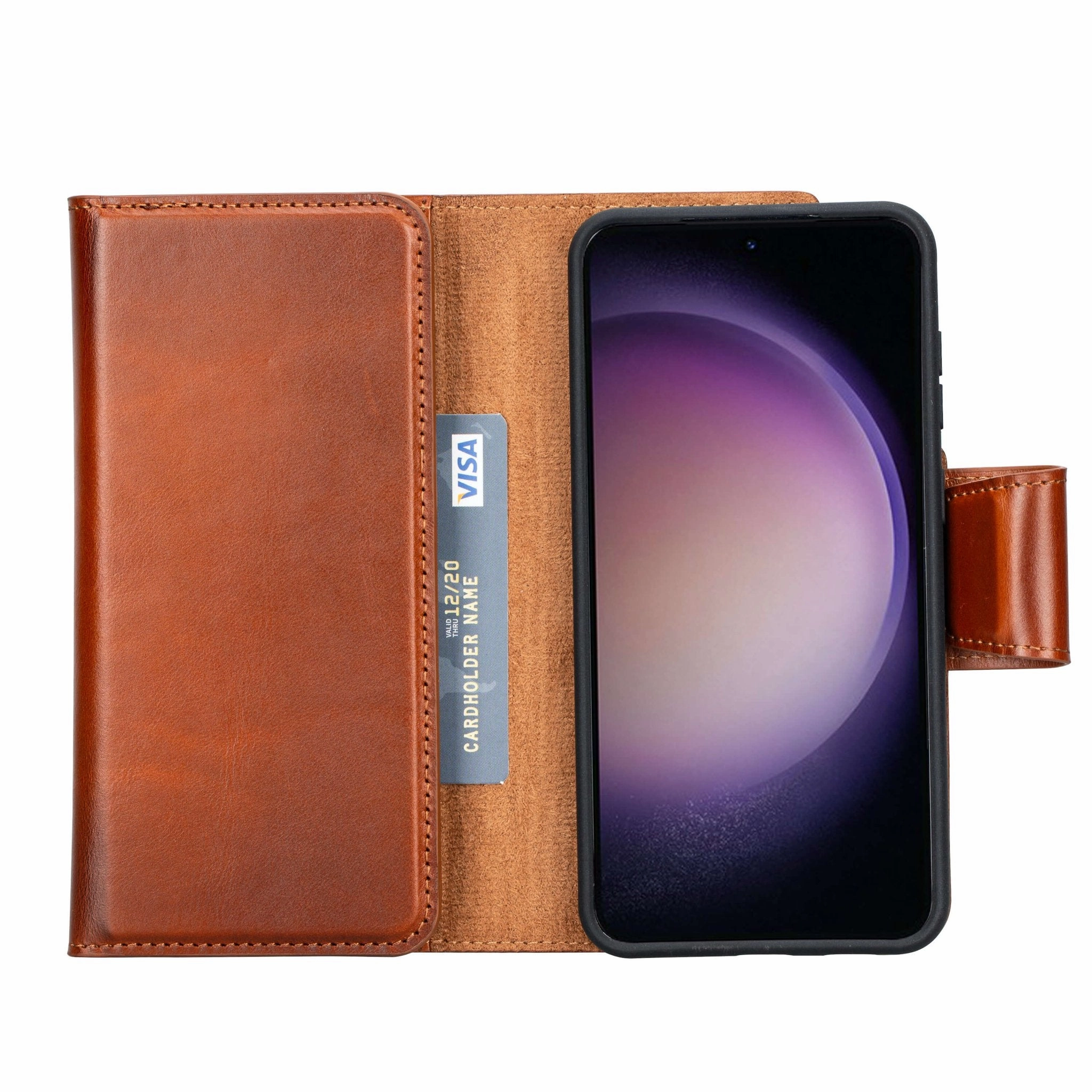 Flexible Touch Edge Protection Tudor Tri-Fold Leather Wallet Case- Galaxy S23 Plus, Burnished Tan