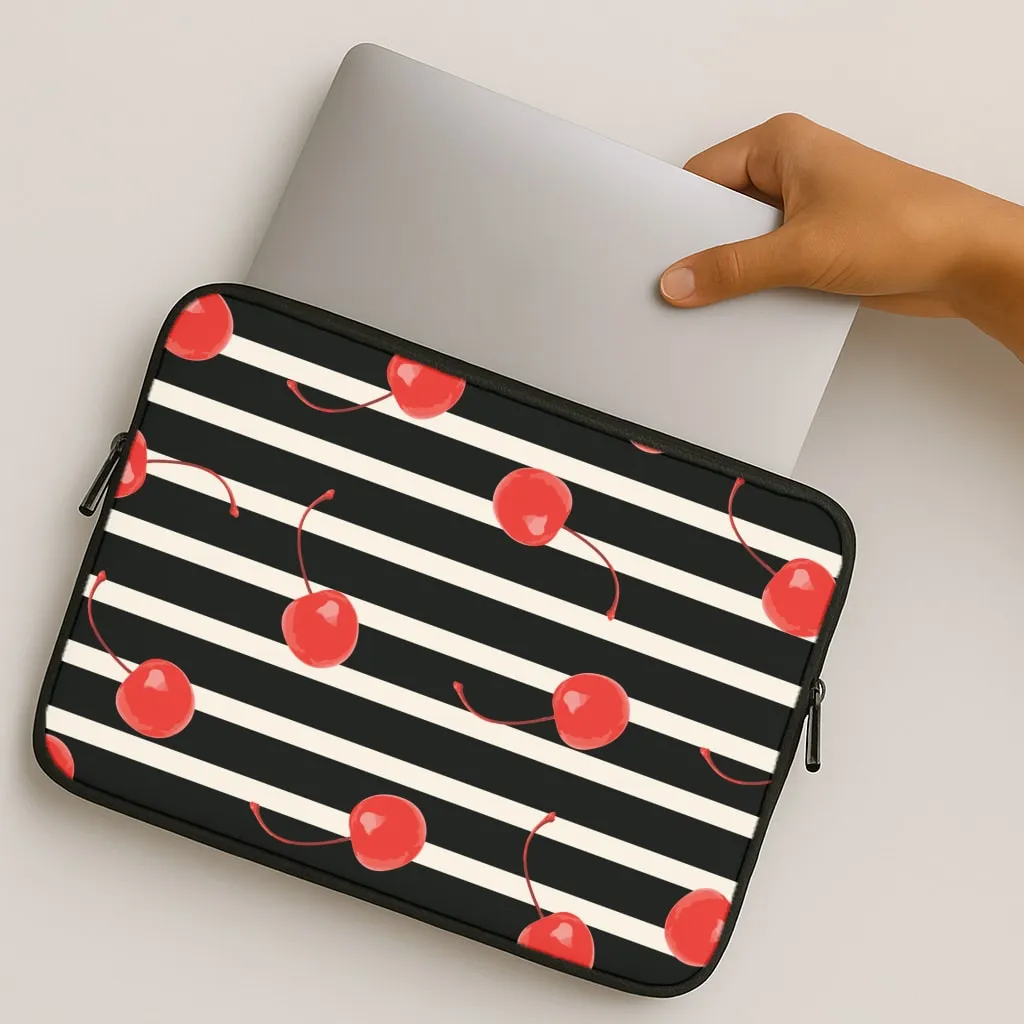 Grip Assist Gloss Layer Black And White Stripes With Cherries Laptop Sleeve