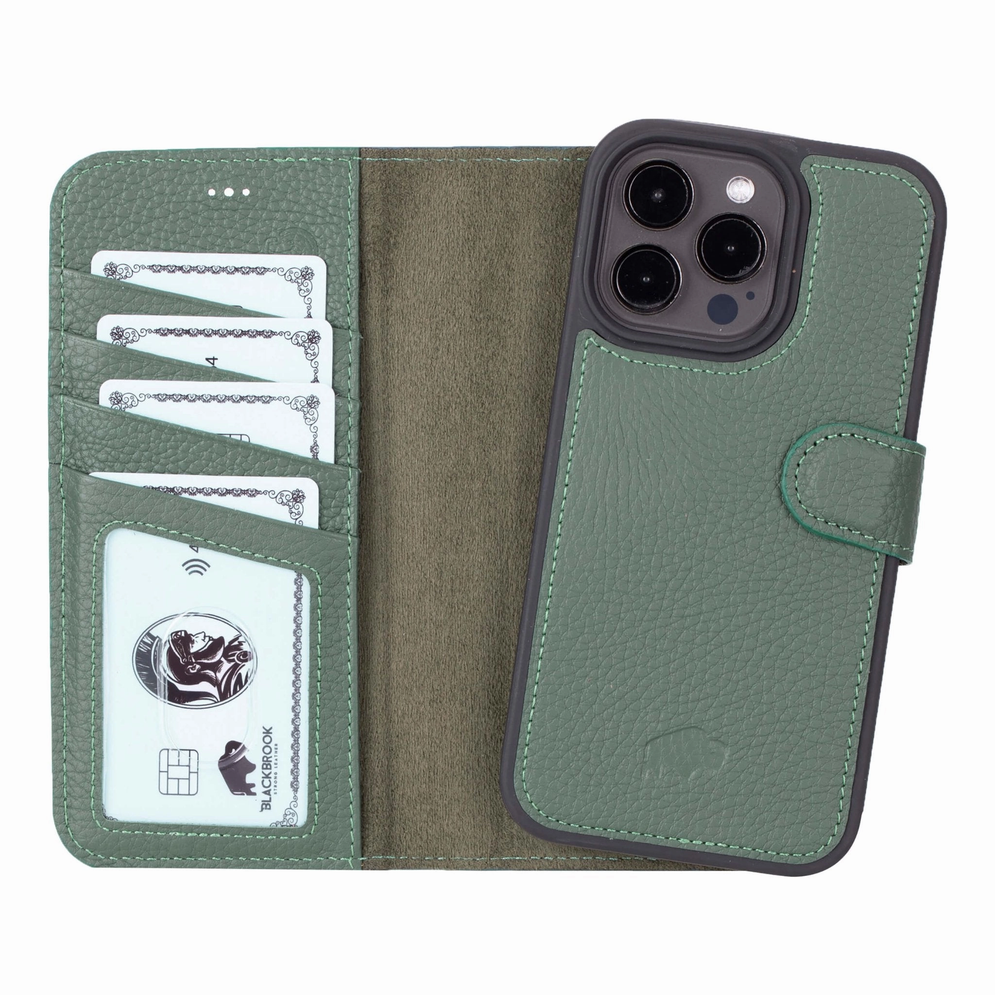 Carter Detachable Leather Wallet Case ?C iPhone 15 Pro Max, Pebble Green Sleek Detail