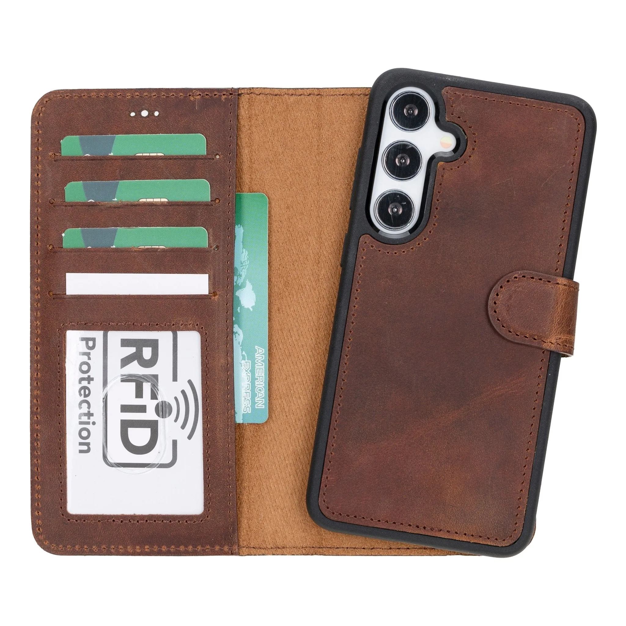Carter Detachable Leather Wallet Case Galaxy S24 Plus, Saddle Brown Classic Finish Protective Surface