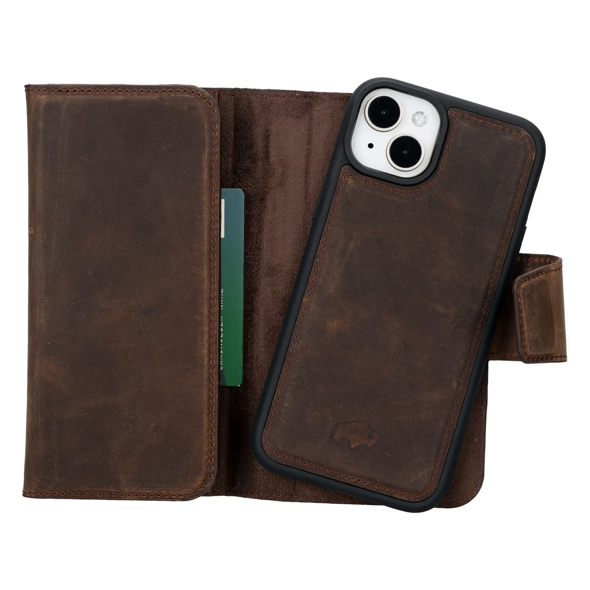 Modern Aesthetic Tudor Tri-Fold Leather Wallet Case ?C iPhone 15 Plus, Distressed Coffee