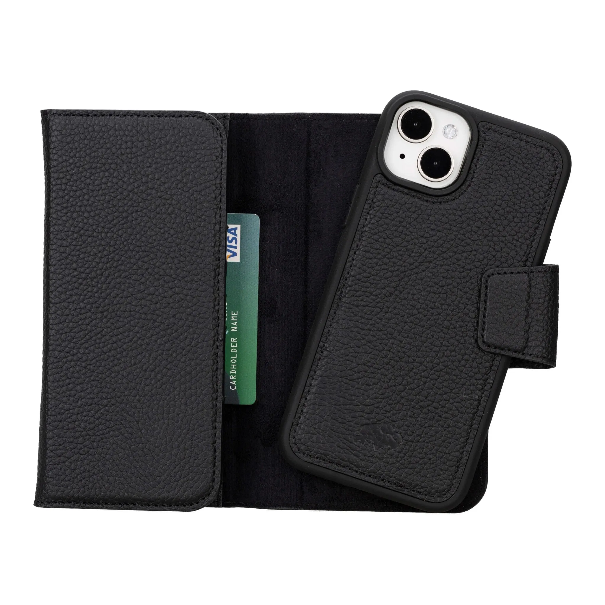 Stylish Grip Texture Fashion Choice Tudor Tri-Fold Leather Wallet Case ?C iPhone 15 Plus, Pebble Black