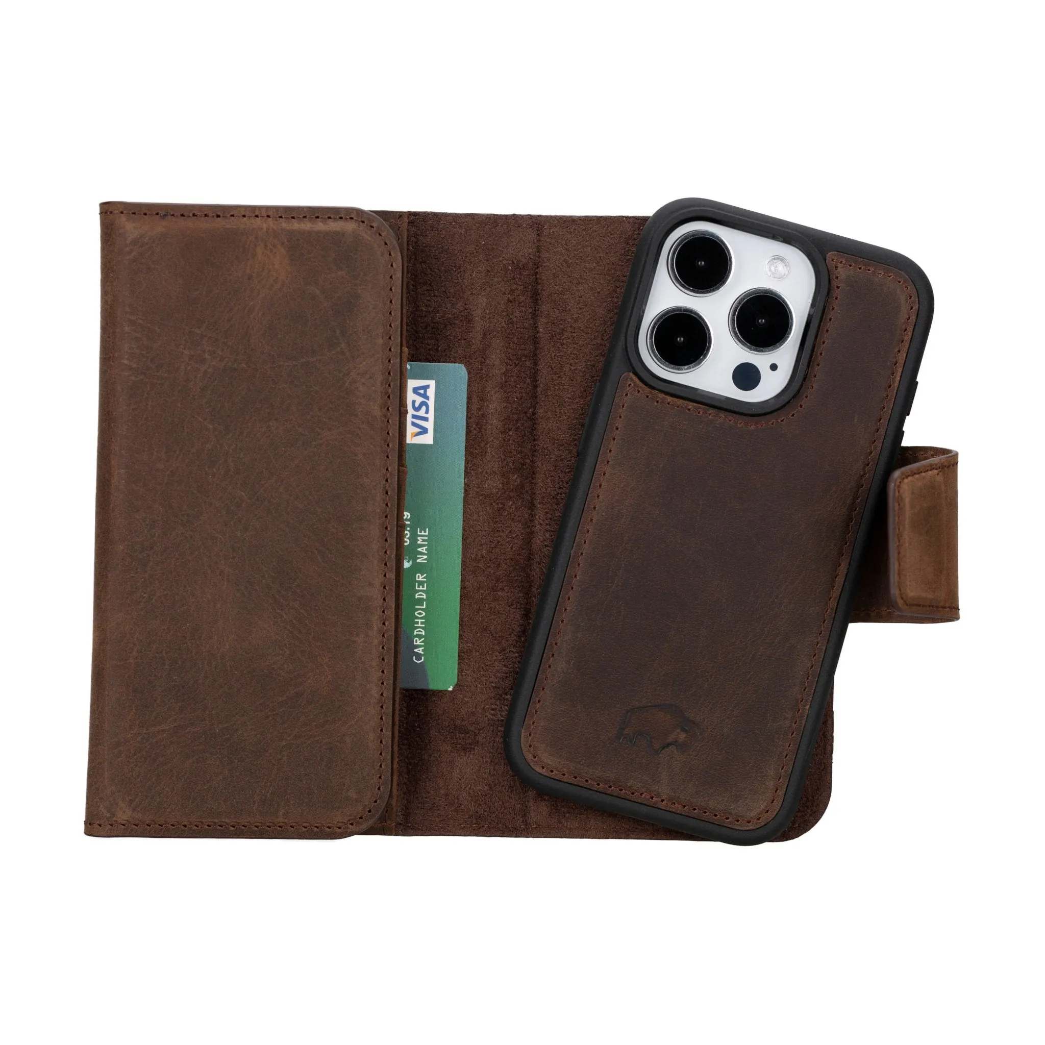 Tudor Tri-Fold Leather Wallet Case ?C iPhone 15 Pro, Distressed Coffee Lightweight accessory Scratch Resistant