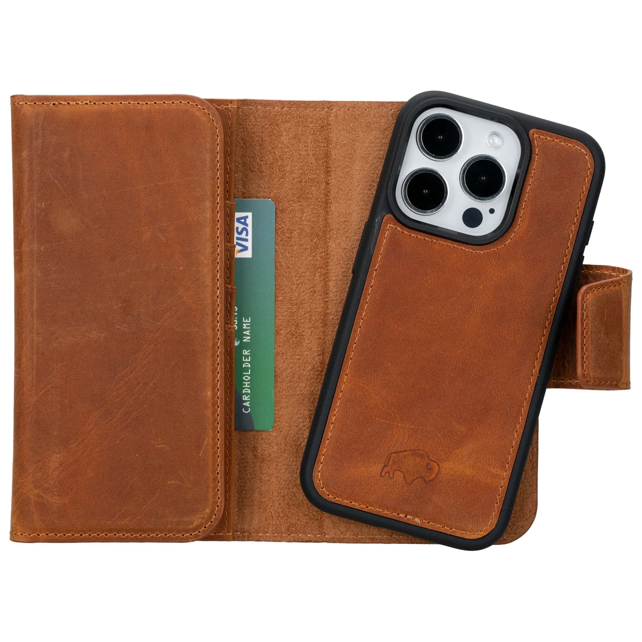 Tudor Tri-Fold Leather Wallet Case ?C iPhone 15 Pro, Golden Brown Outdoor Protection