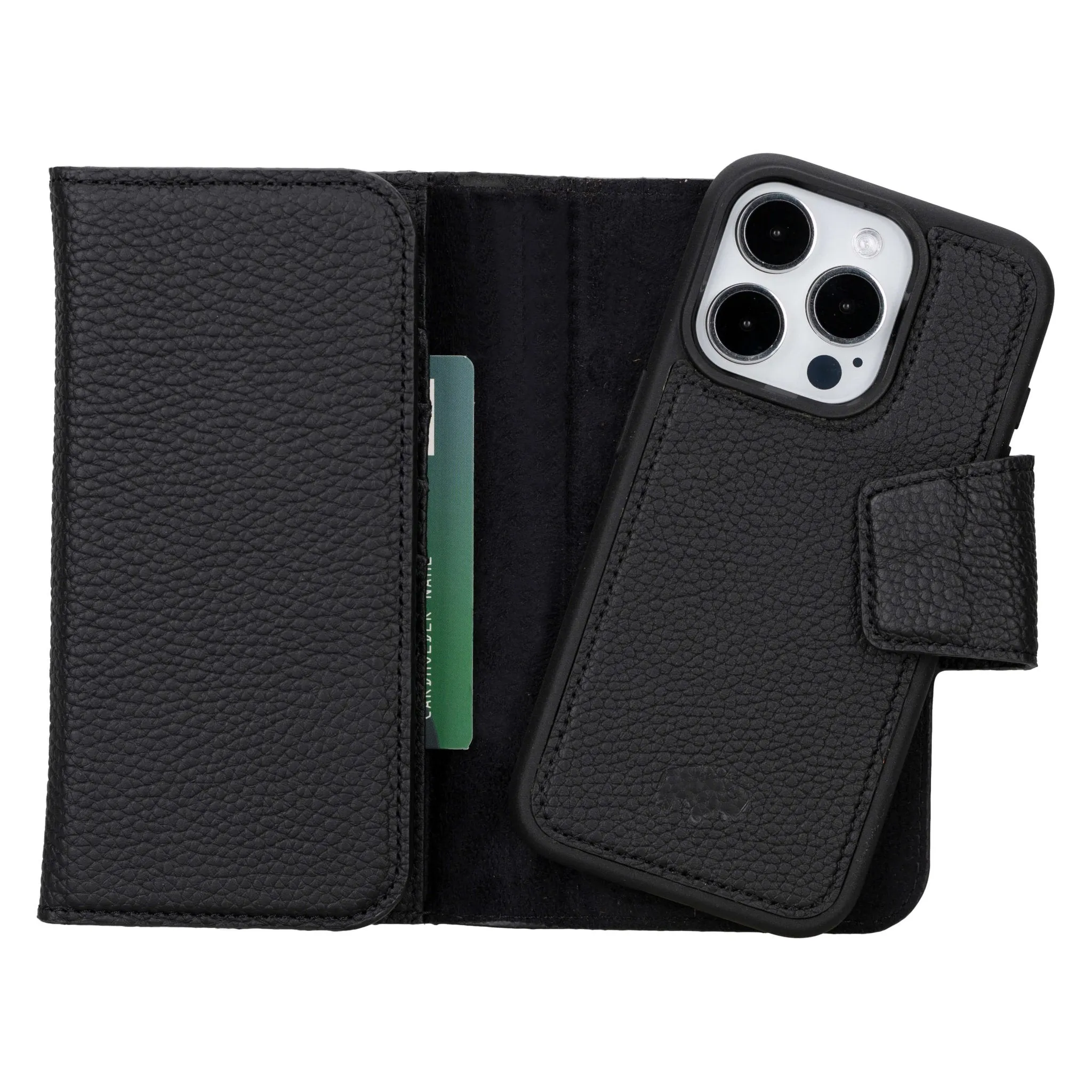 Shock Resistant Tudor Tri-Fold Leather Wallet Case ?C iPhone 15 Pro, Pebble Black